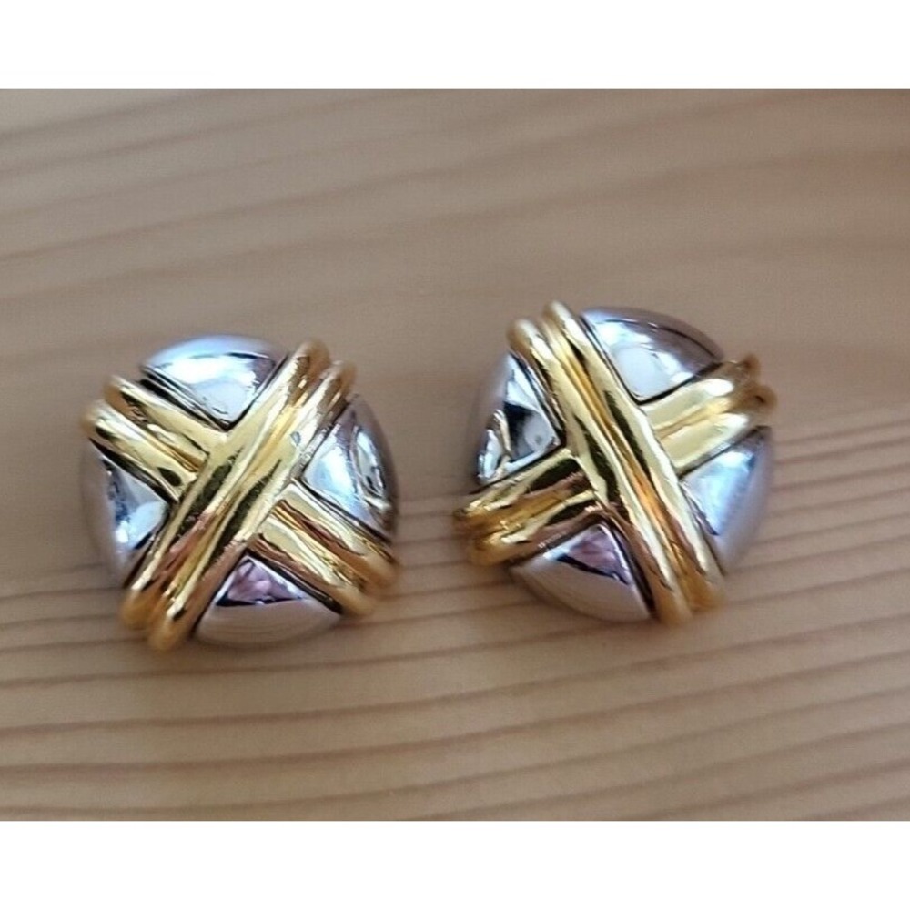 Ciner Two Tone X Chunky Clip On Statement Earrings Silver Gold Tone Vintage